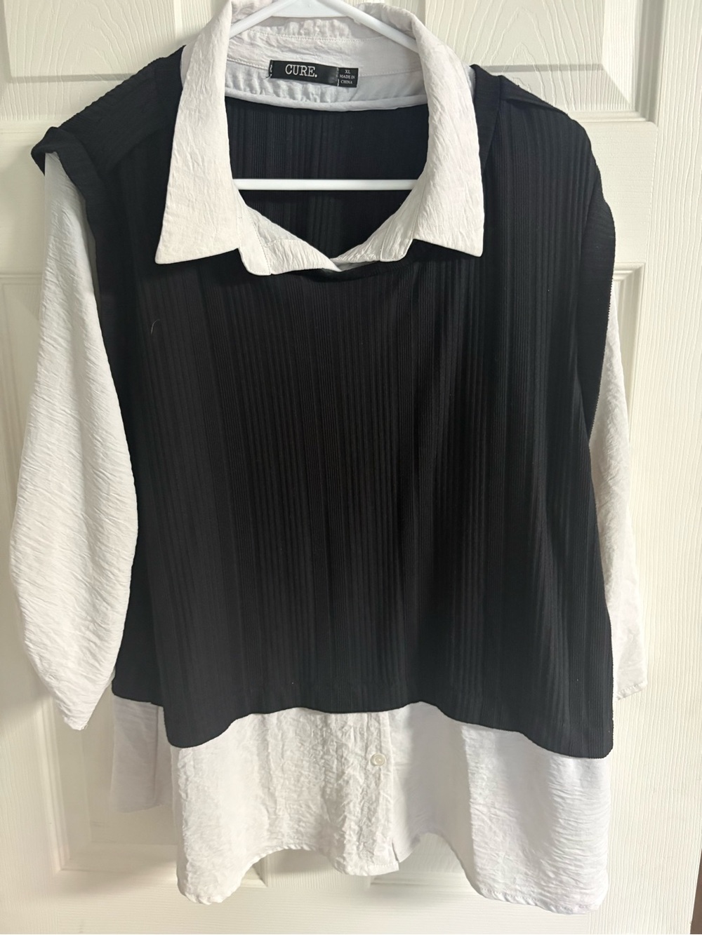 Layered Black & White Button-Front Blouse